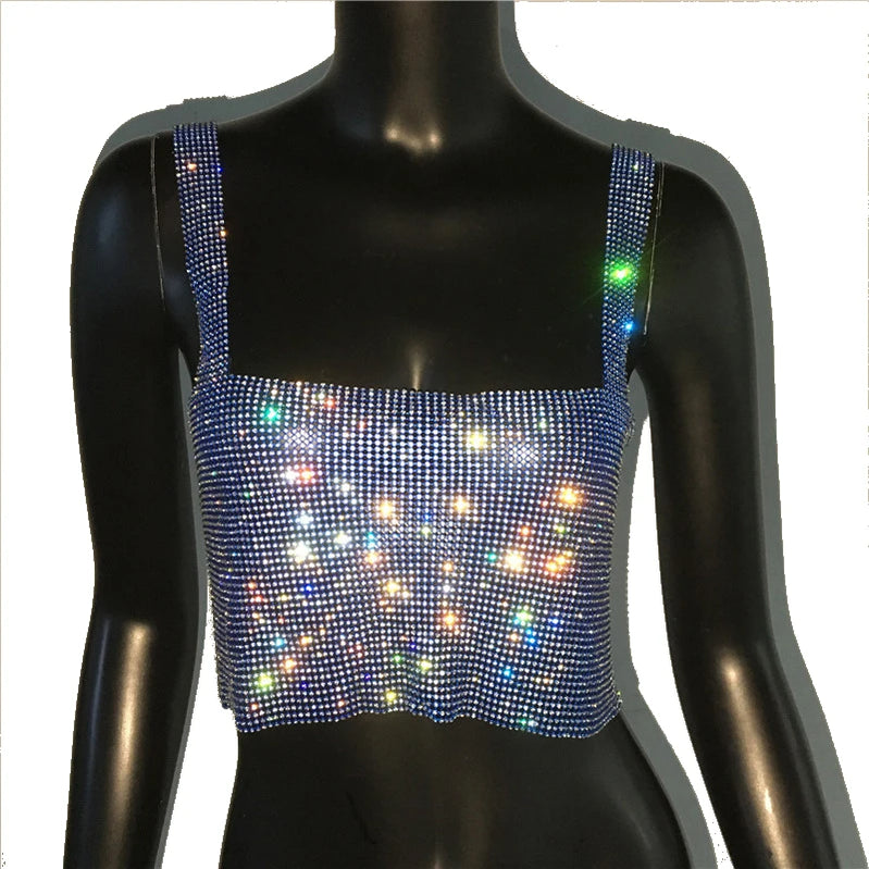 Bling Rhinestones Party Crop Top Fashion Solid Backless Straps Full Diamonds Sequins Cami Cropped Top for Women Royal Blue