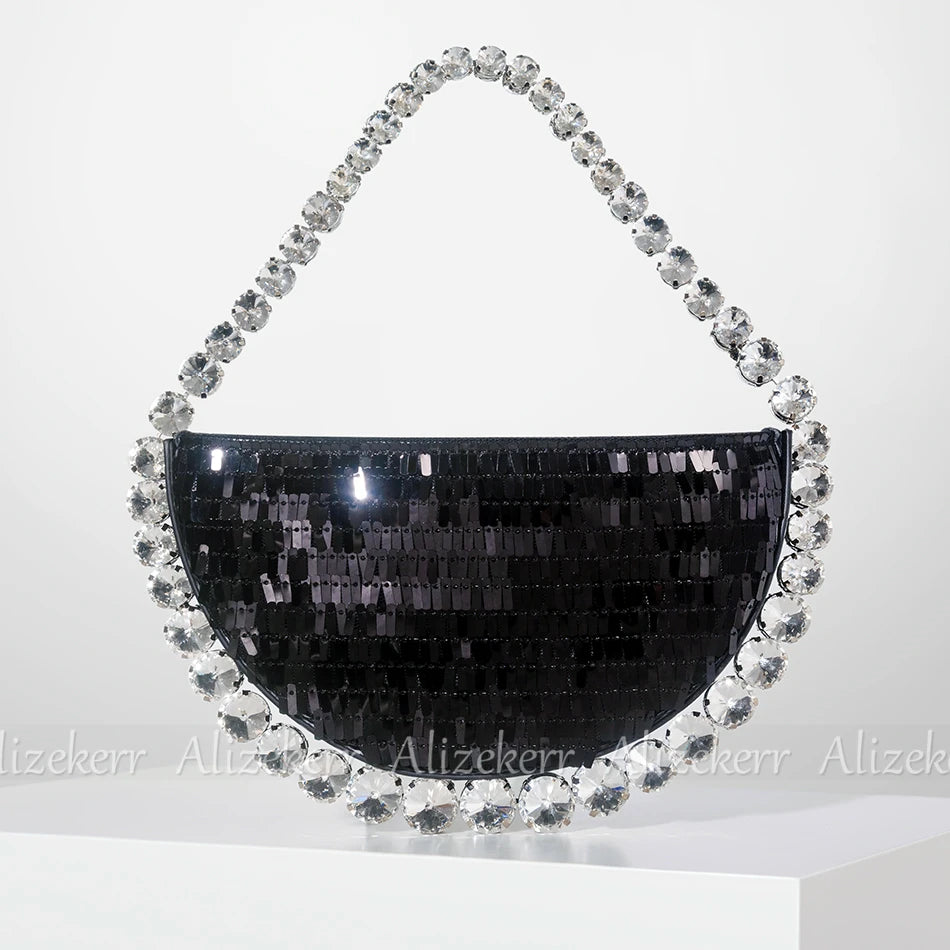 Shiny Crystal Sequines Round Evening Bags Women Luxury Designer Half Moon Rhinestone Wedding Clutch Purses And Handbags Party Black Sequins L20 x W4 x H10cm