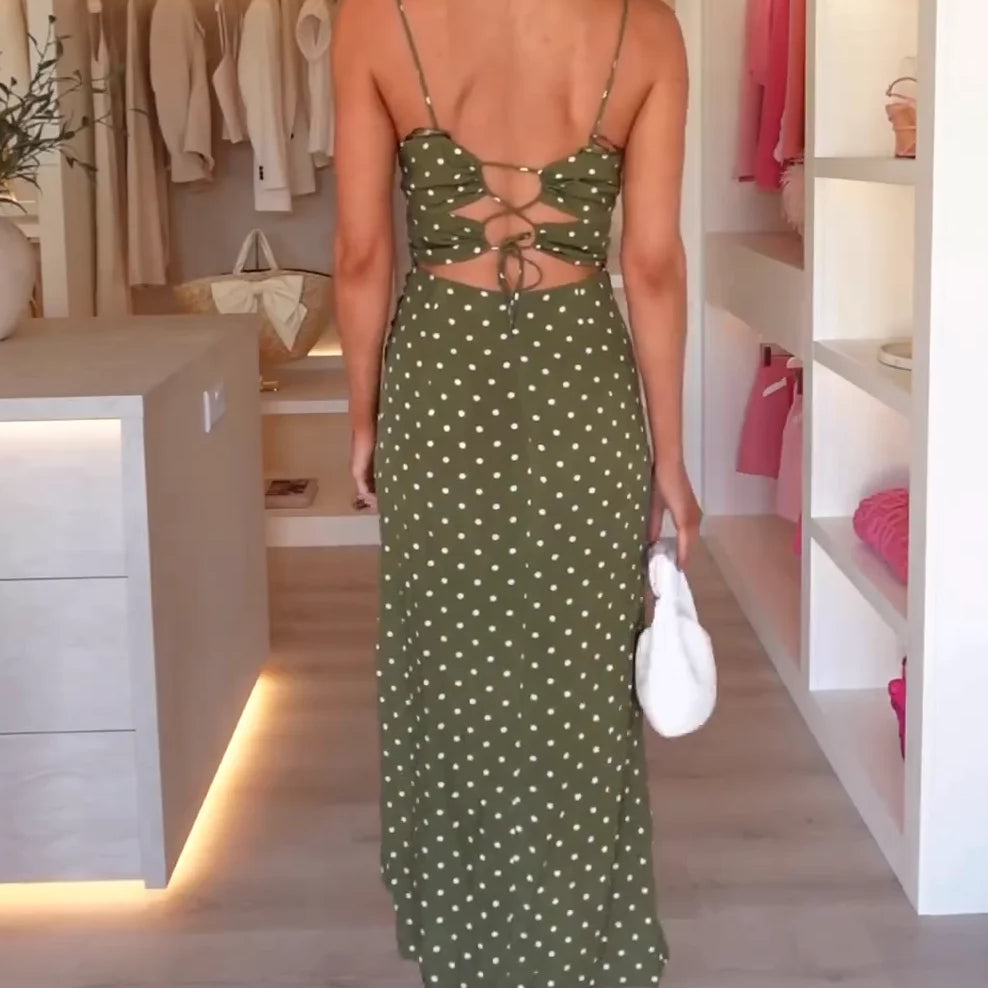 Polka Dot Green Suspender Skirt Women's Backless Long Skirt Vacation Dress Bandage Sexy Dress Beach Skirt Party Dress 2024