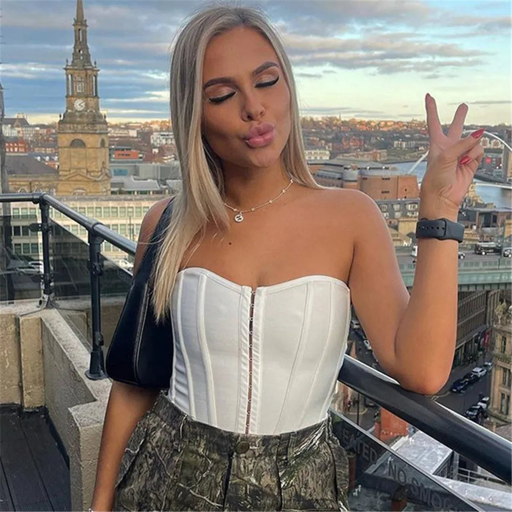 Summer Women Sexy Strapless Bodycon Short Bandage Tops Laced Up Club Night Party Wear High