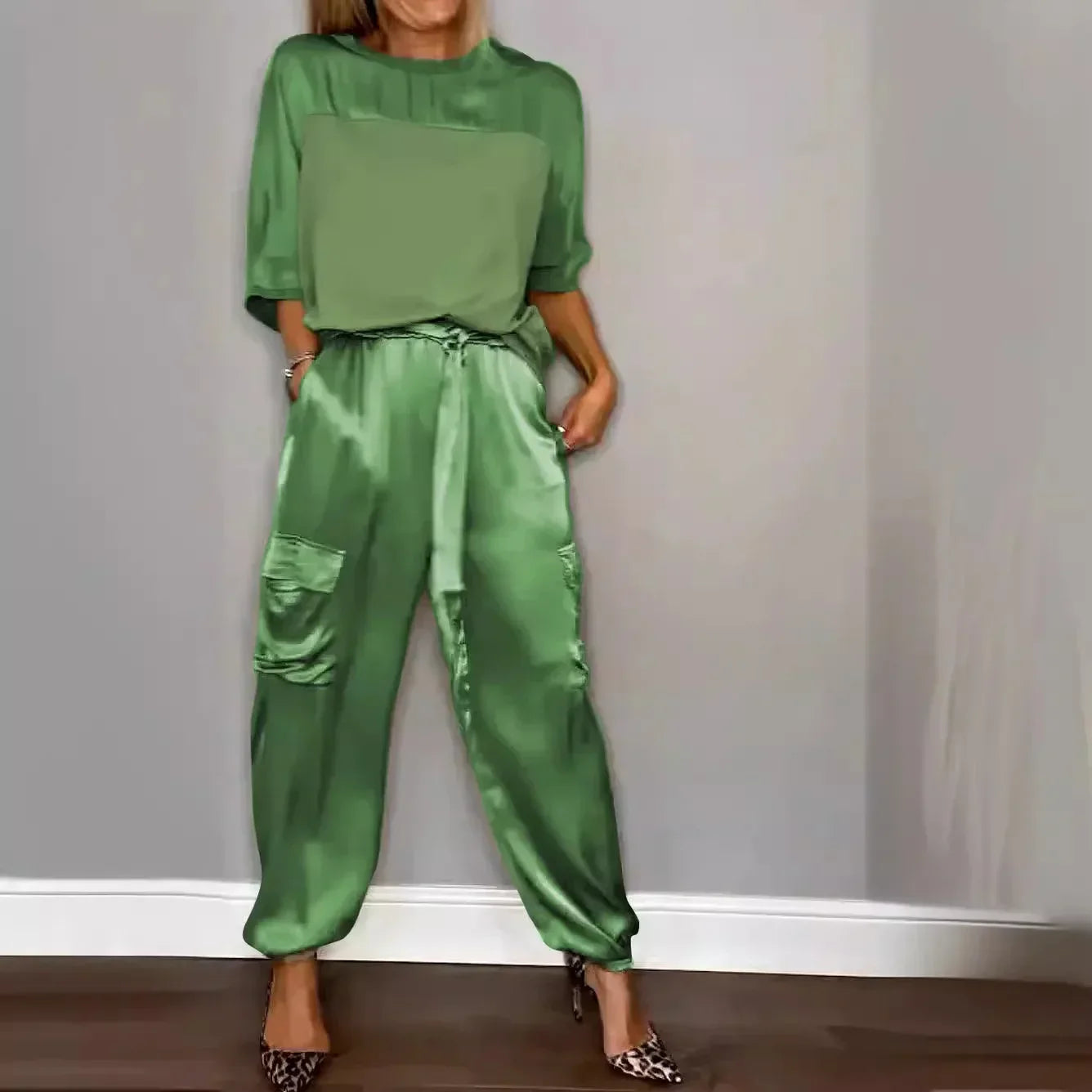Summer Fashion Solid Satin Two Piece Set Women Round Neck Long Sleeved Top Long Pants Casual Loose Two Piece Set Women green
