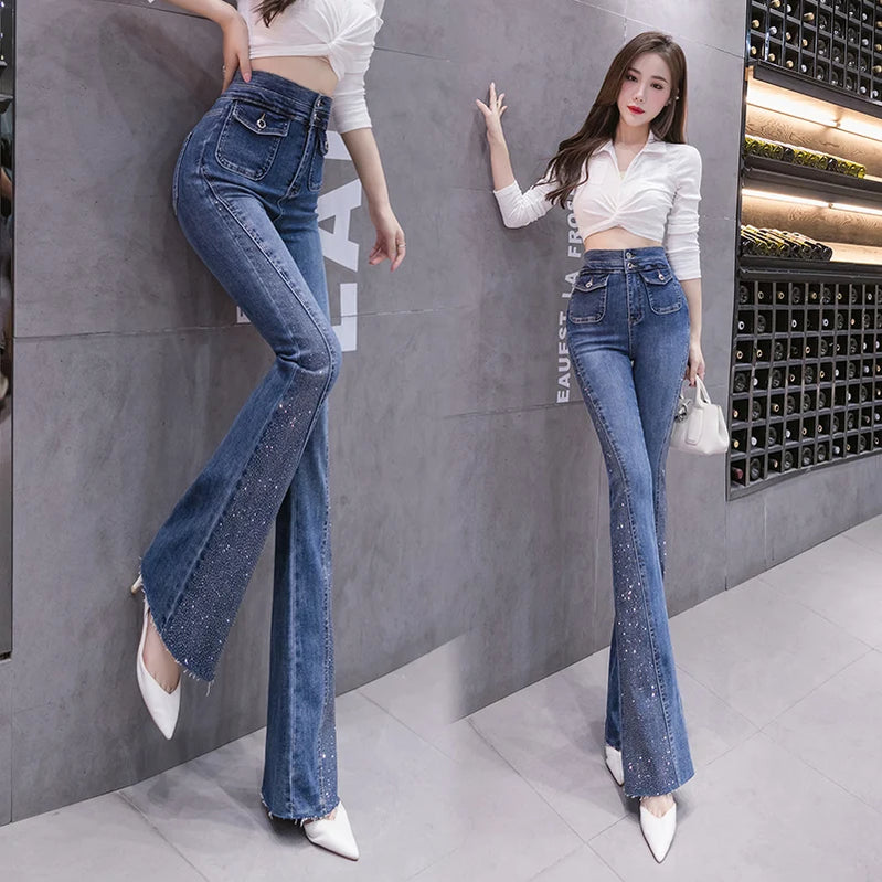 Rhinestone Flared Jeans For Women Soft Skinny Patchwork Boot-Cut Denim Trousers Mujer Fashion Stretch Pants Ladies Blue