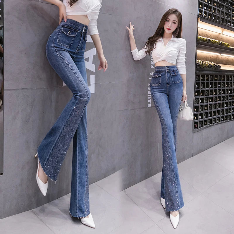 Rhinestone Flared Jeans For Women Soft Skinny Patchwork Boot-Cut Denim Trousers Mujer Fashion Stretch Pants Ladies Blue