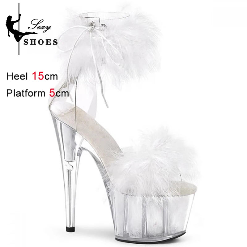 New Cover Heels Buckle Strap Women Sandals Platform Open Toe Color Feather Bride's Wed-ding Shoes Stripper Nightclub Party Heels As Picture Shown 6