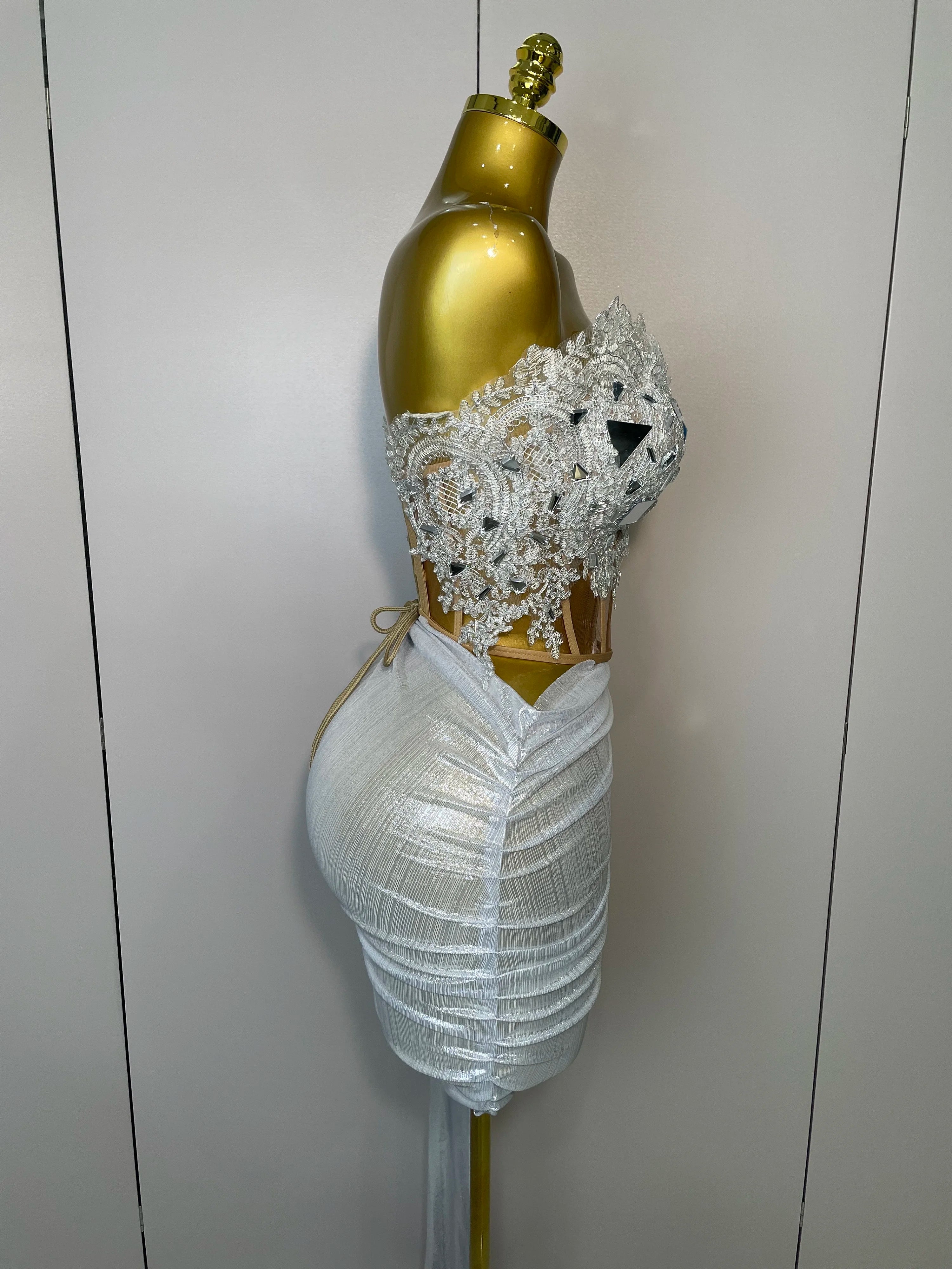 Sparkly Silver Sequins Sexy Strapless Short Dress 2Pcs Set Newest 2025 Women Party Birthday Nightclub Singer Dancer Stage Wear