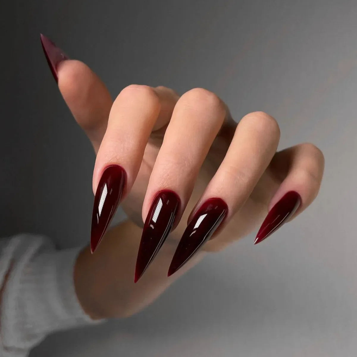 Dark Red Long Stiletto Fake Nails for Spicy Girls 24Pcs Solid Color Press On Nails Shiny Diamond Decor  Year Charm Manicure