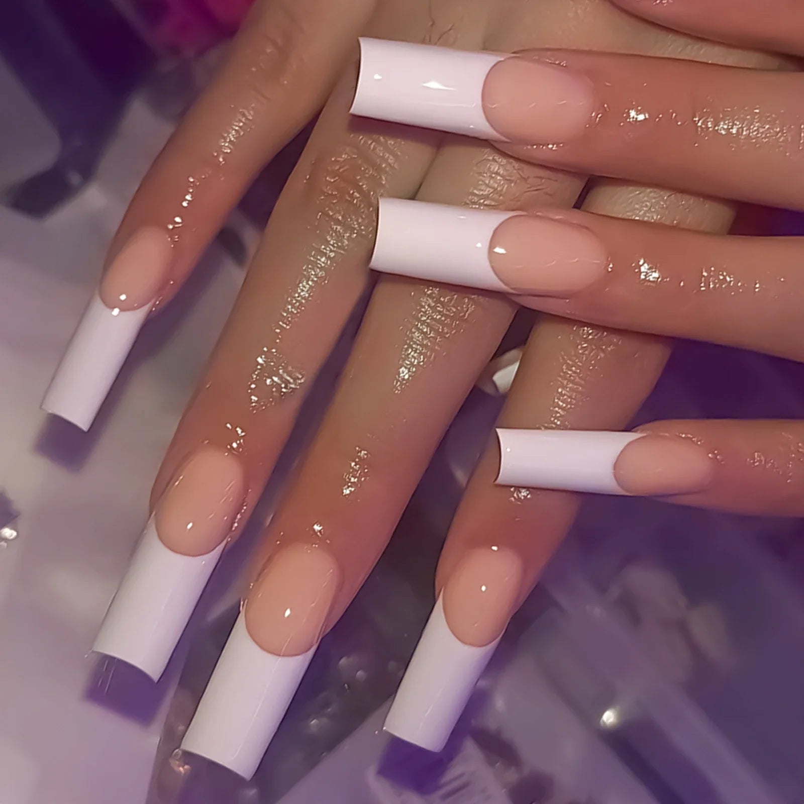 Long Coffin False Nails Minimalist Charm Manicure 24Pcs White French Press On Nails Nude Color Stick-on Fake Nails Patches