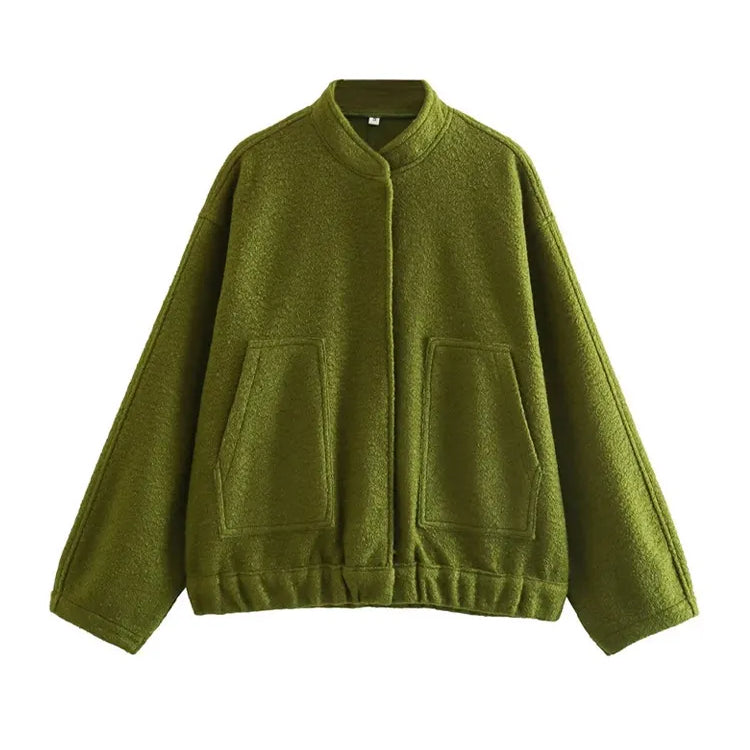 Women Fashion With Pockets Oversized Bomber Jacket Coat Vintage Long Sleeve Snap Button Female Outerwear Chic Tops as picture 4