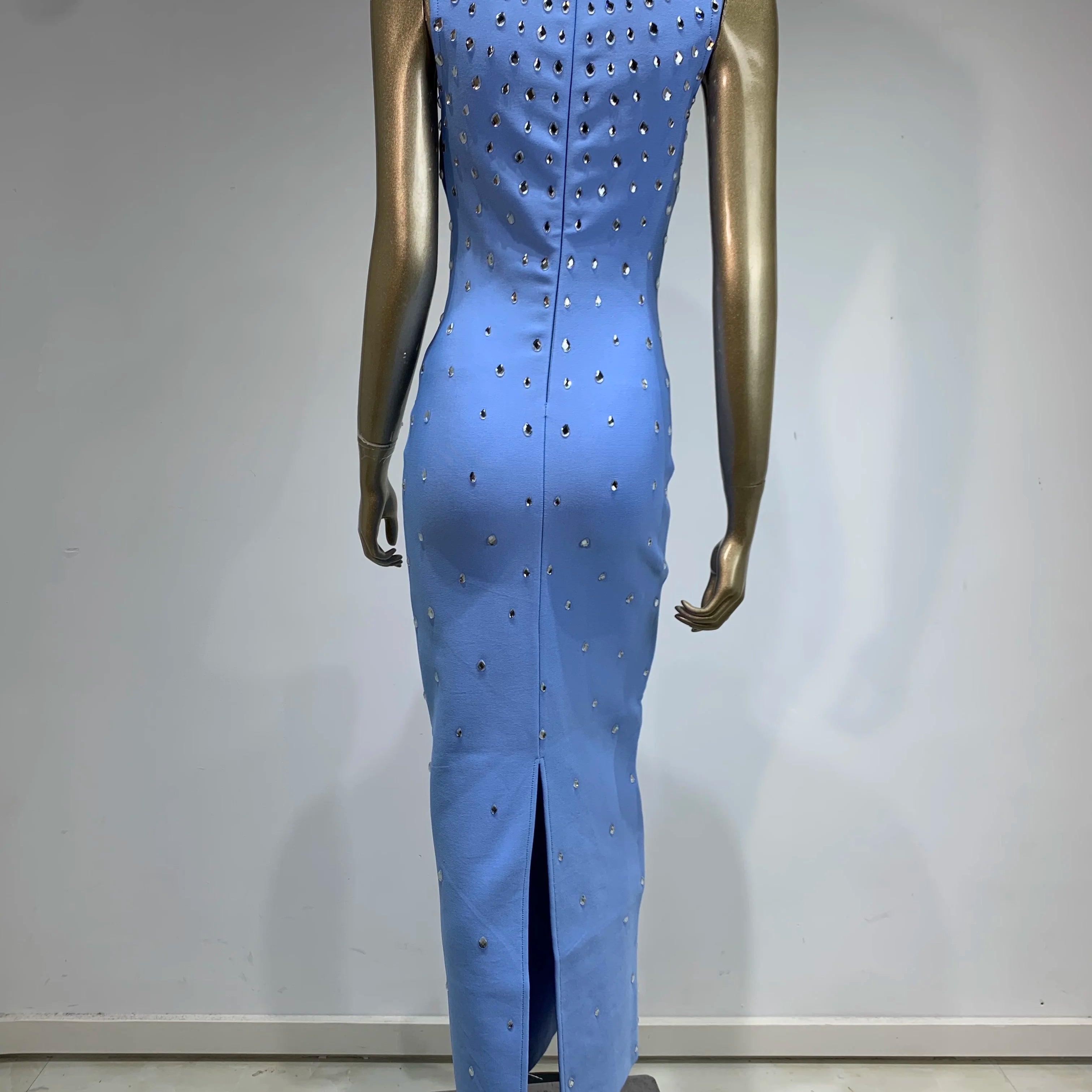 Women Celebrity Sexy Tank Studded Sky Blue Black Maxi Long Bodycon Bandage Dress 2024 Elegant Evening Club Party Outfit