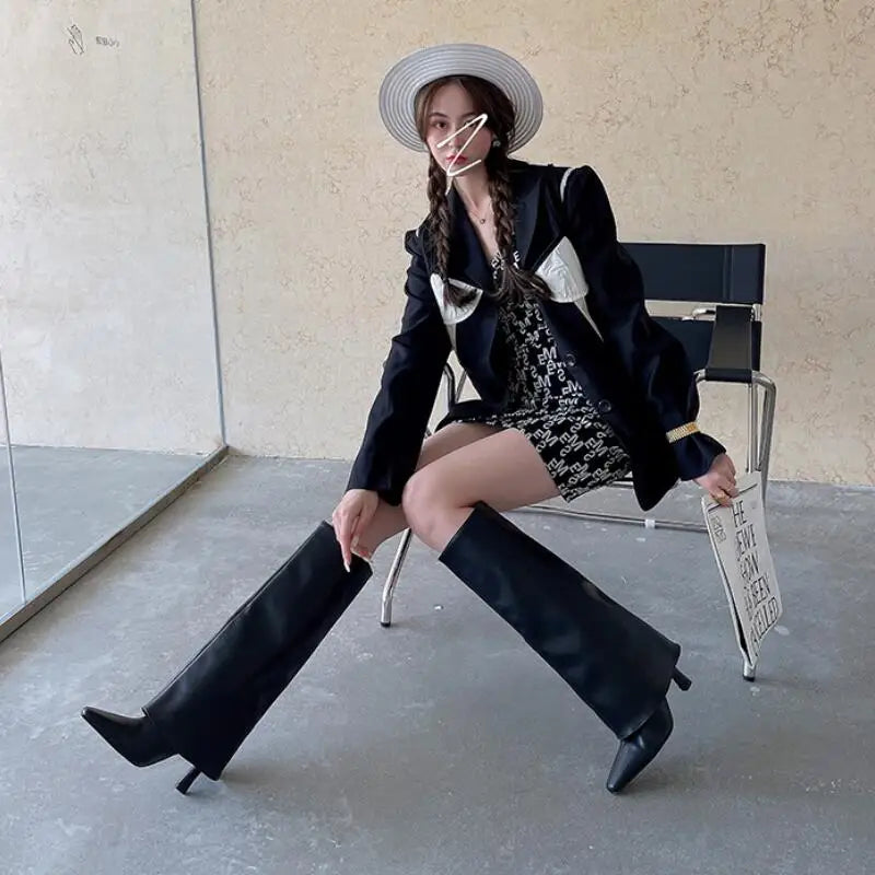 Autumn/Winter Fashion Brand New Knee Length Women's Boots Slender high heeled pointed leg boots Black White Shoes