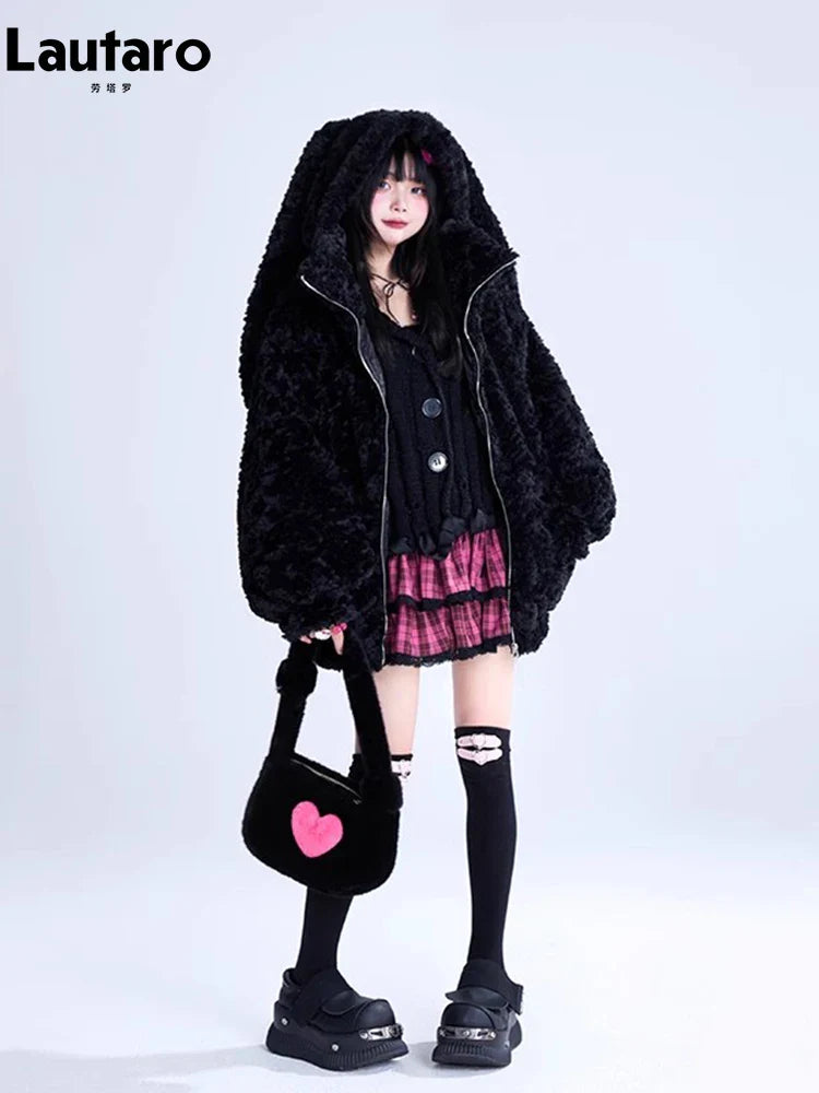 Autumn Winter Sweet Cute Lovely Warm Thick Soft Black Faux Fur Coat Women Bunny Ears Fuzzy Fluffy Jacket Hoodie 2023