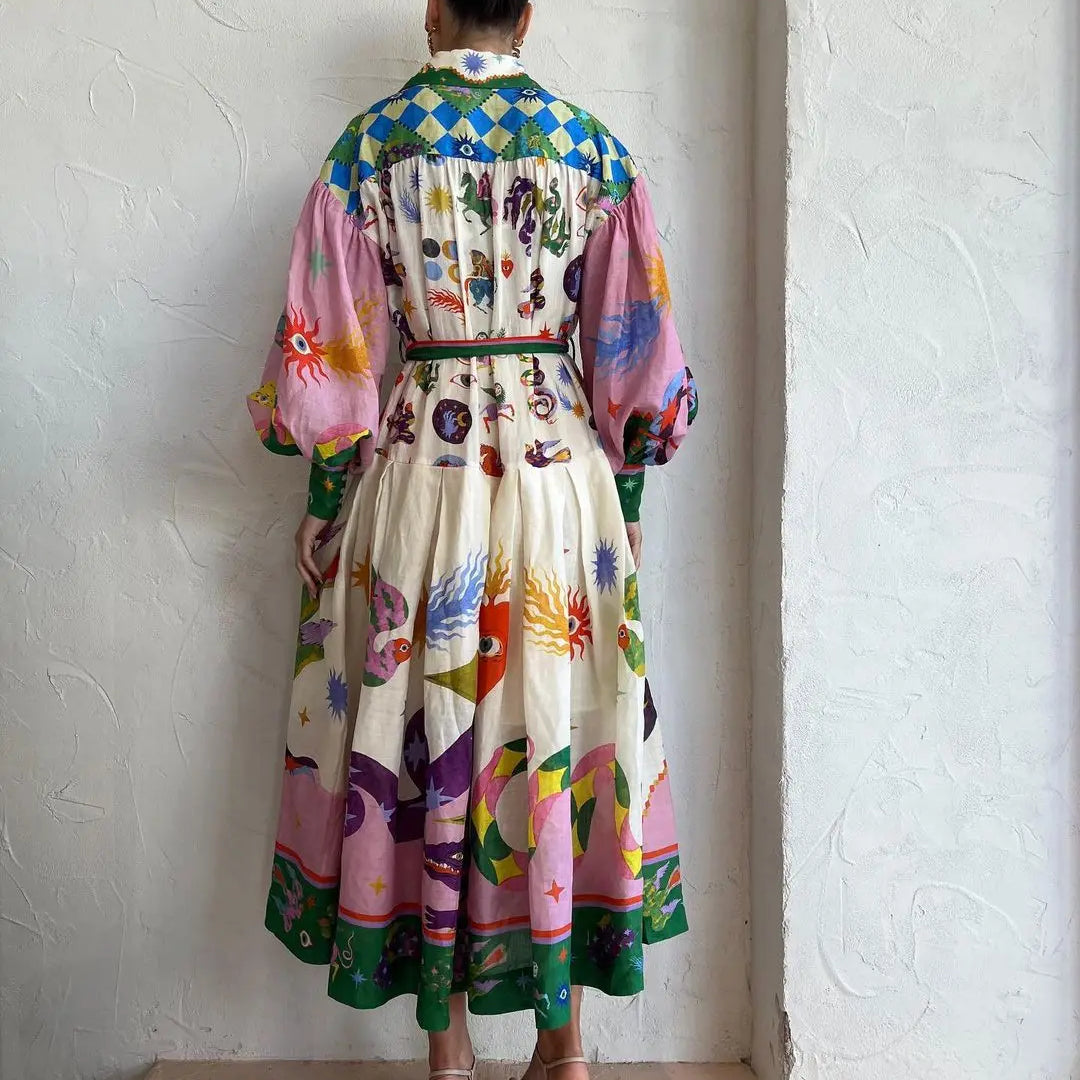 Polo Neck Printed Dress For Women Autumn New Retro French Palace Style Long Lantern Sleeve Loose Vintage Dresses Clothing