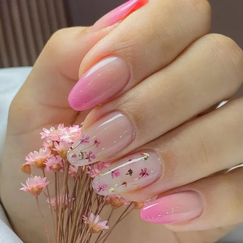 24Pcs Short Round Head False Nails Glitter Pink Almond Fake Nails Strawberry Full Cover Press on Nails Wearable Nail Tips