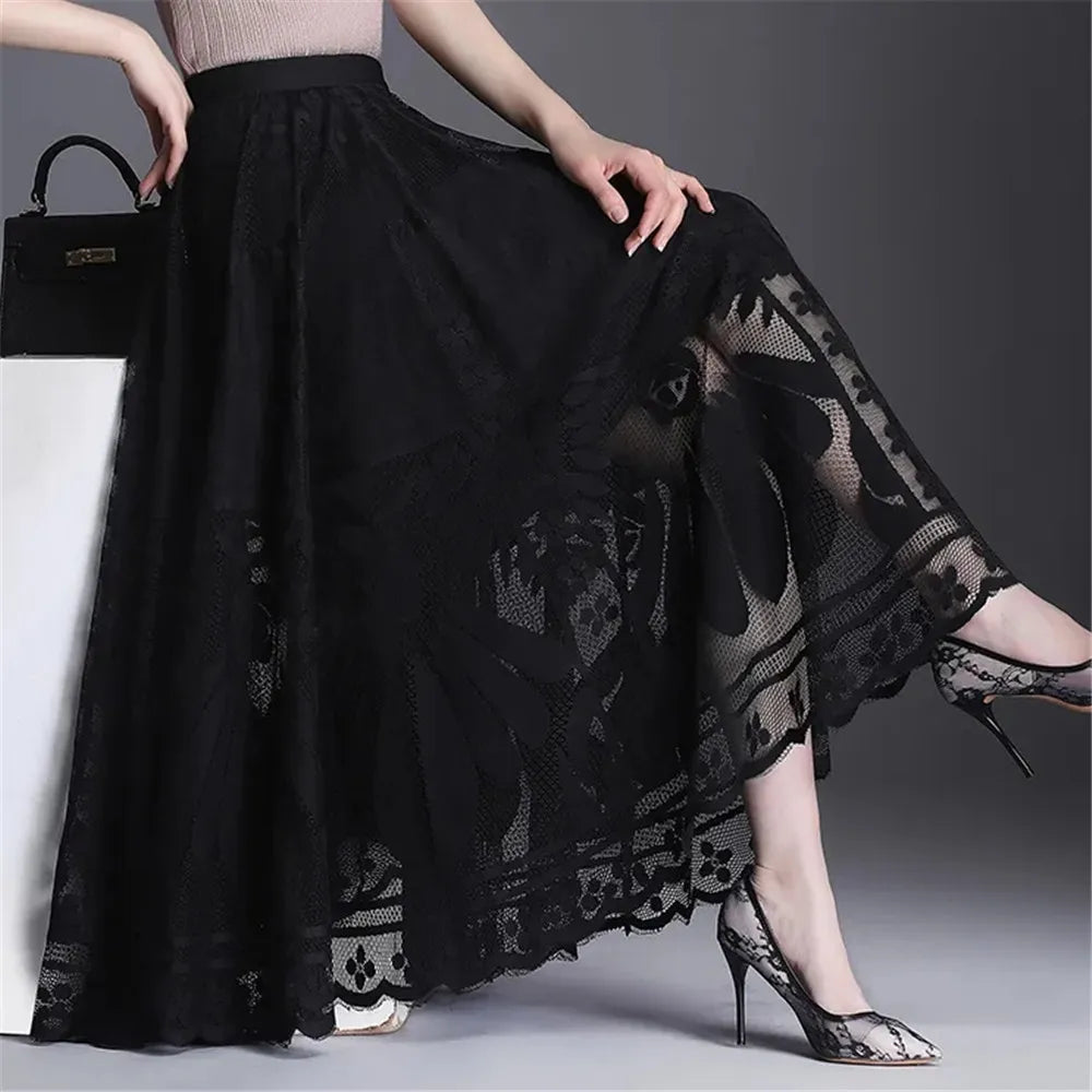 Black Lace Ruffles Tulle Skirt Women'S Autumn Winter New A-Line Long Skirt Office Ladies Big Swing Gauze Hollow Pleated Skirt black