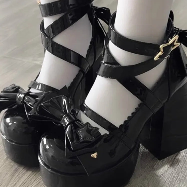 Sweet Vintage Mary Janes Shoes Women Star Buckle Lolita Kawaii Platform Shoes Female Bow-knot Cute Designer Shoes 2023 Summer black