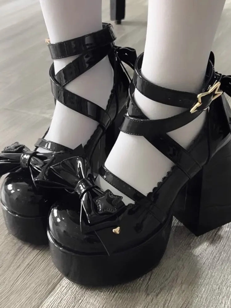 Sweet Vintage Mary Janes Shoes Women Star Buckle Lolita Kawaii Platform Shoes Female Bow-knot Cute Designer Shoes 2023 Summer black