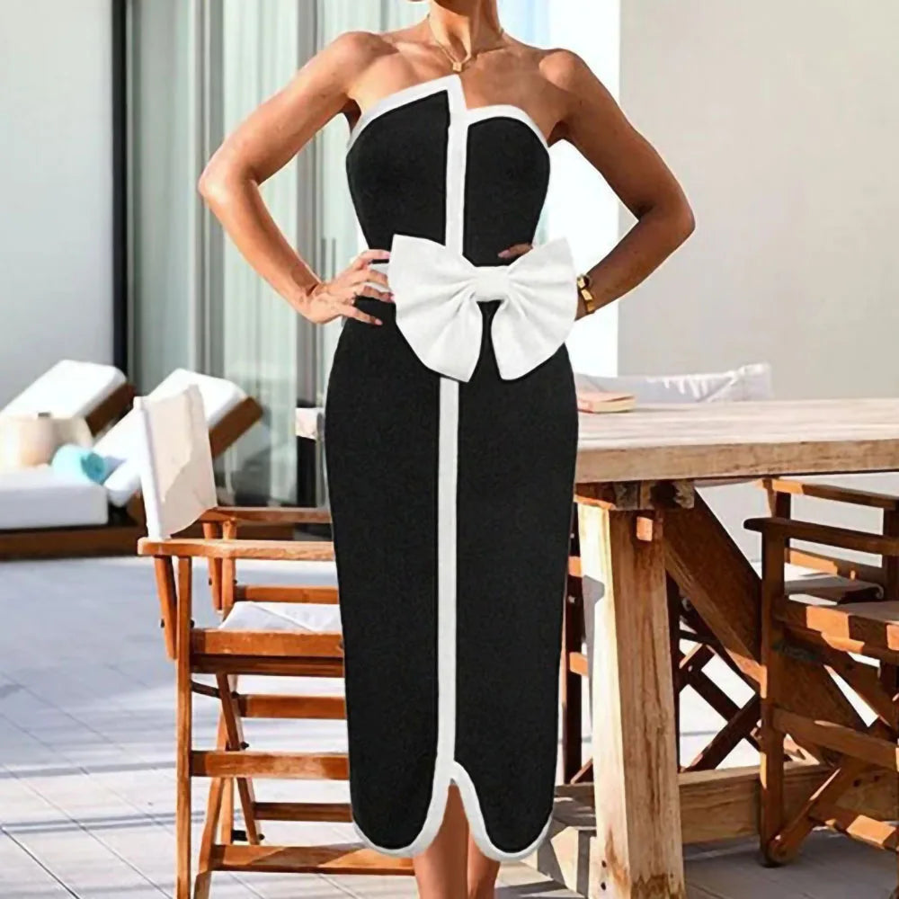 Black & White Spliced Swimsuit Women'S Elegant Tube Top Bow Belt Bikini Irregular Hip Beach Skirt Vintage Pool Swimwear
