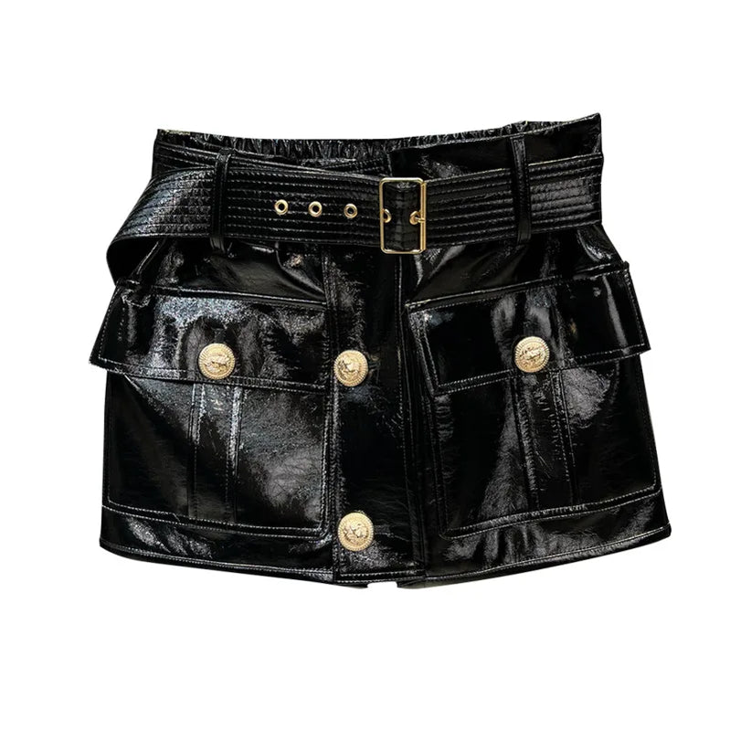 BORVEMAYS Black Stretch High Waist PU Leather Skirts Street Trend Temperament Solid Color Metal Button Zipper 2023 Autumn WZ5282