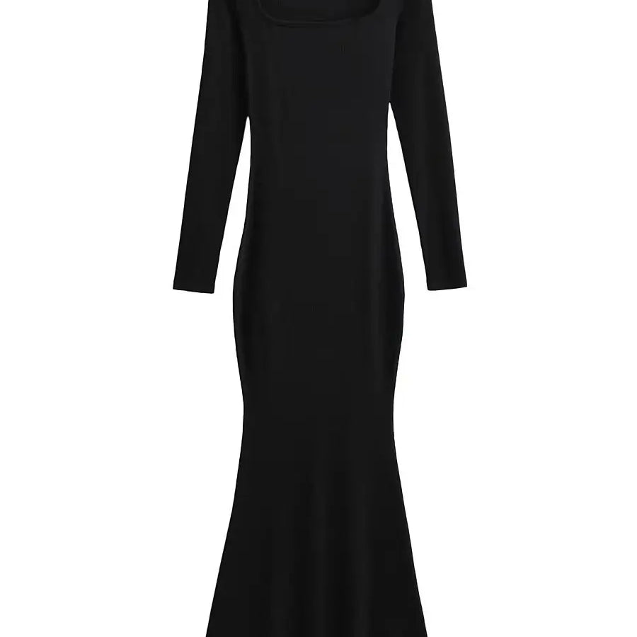 Sexy Square Collar Knitted Cotton Maxi Long Mermaid Dress Women Full Sleeve Stretch Basic Bodycon Fishtail Robe Vestido black