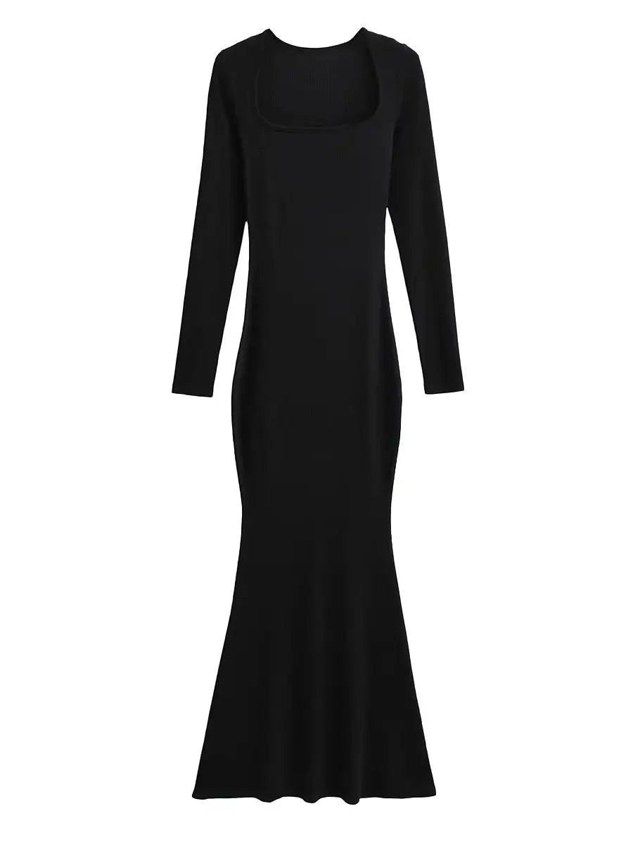 Sexy Square Collar Knitted Cotton Maxi Long Mermaid Dress Women Full Sleeve Stretch Basic Bodycon Fishtail Robe Vestido black