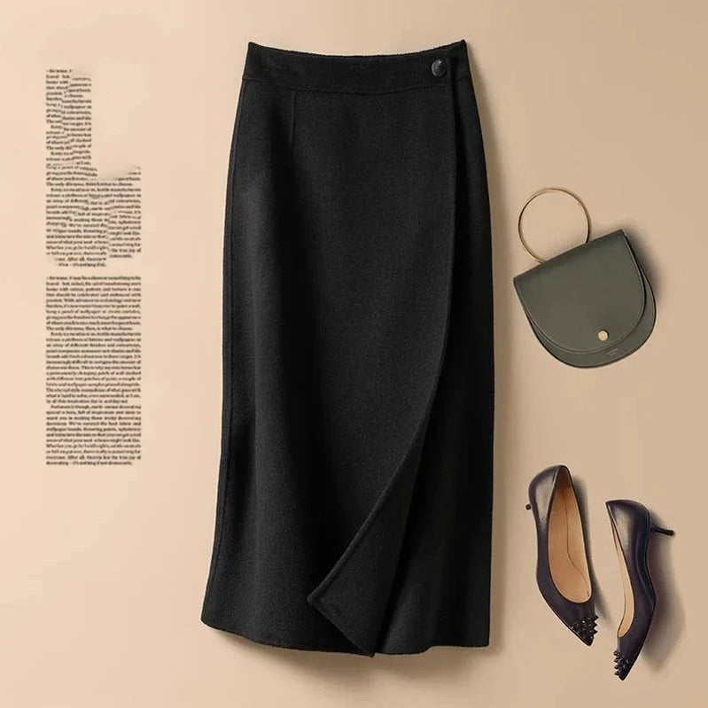Korean Fashion Autumn Winter New Women's Solid Button Patchwor High Waist Elegant Chic Mid-length A-line Knitted Bag Hip Skirt black