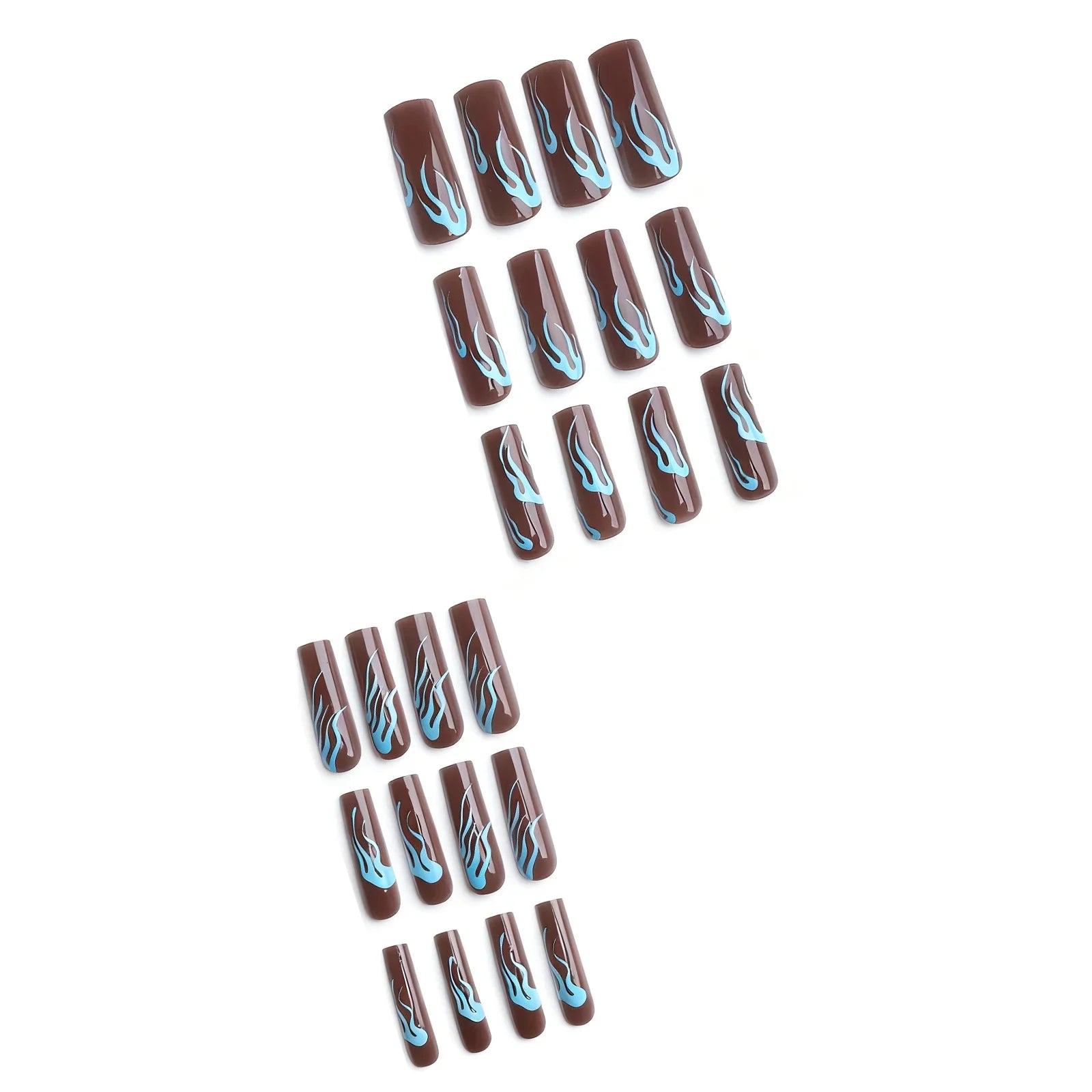 Autumn Coffee Long Coffin False Nails with Blue Flame Pattern Acrylic Press On Nails Full Cover Stick-on Fake Nails 24Pcs