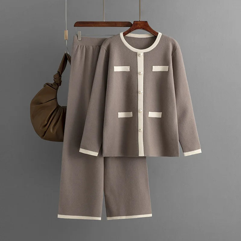 GIGOGOU Euro Designer Women Sweater Tracksuits Button Decorate Woman Sweaters + Wide Leg Pants Suits 2 / Two Pieces Sets Trouser Light Coffee One Size