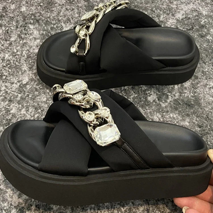 Women Crystal Slippers Chain Flats Platform Sandals Summer Ladies Casual Home Slides Women Beach Shoes Flip Flops Mujer