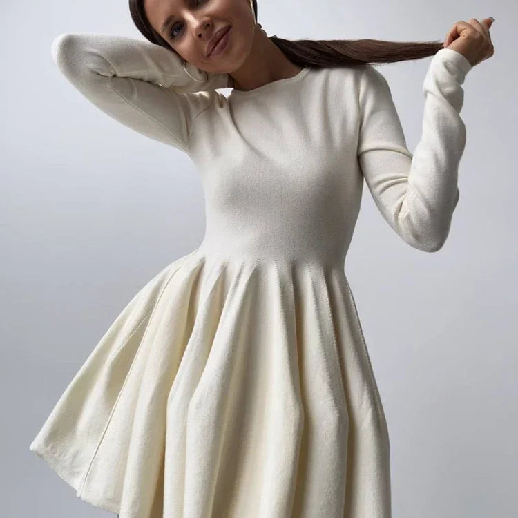 Elegant Solid Knit Dress Women Autumn Winter Casual Long Sleeve A-line Evening Dresses Female Korean Sexy Mini Dress White