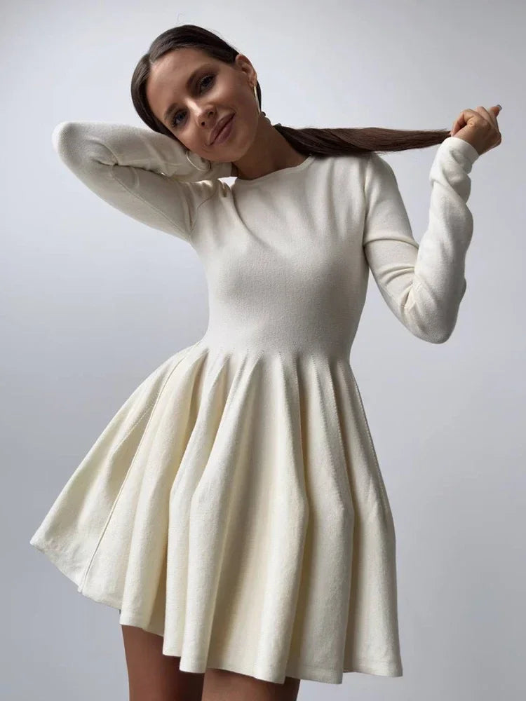 Elegant Solid Knit Dress Women Autumn Winter Casual Long Sleeve A-line Evening Dresses Female Korean Sexy Mini Dress White