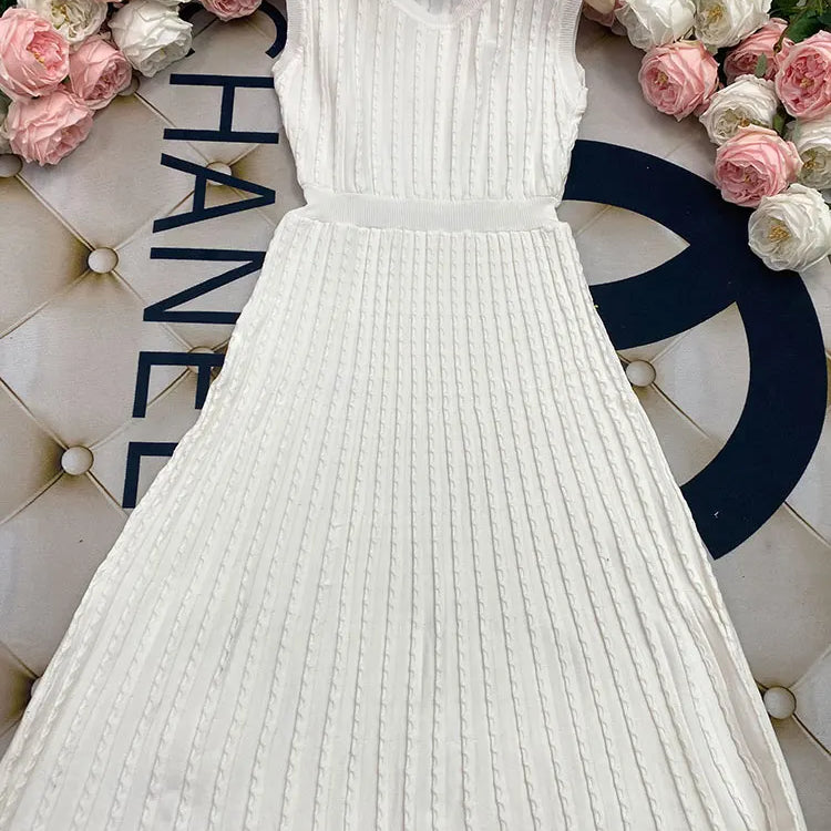 2024 New Listing Elegant Striped Knit Dress Women O-neck Sleeveless A-line Dresses Club Evening Party Midi Vestido