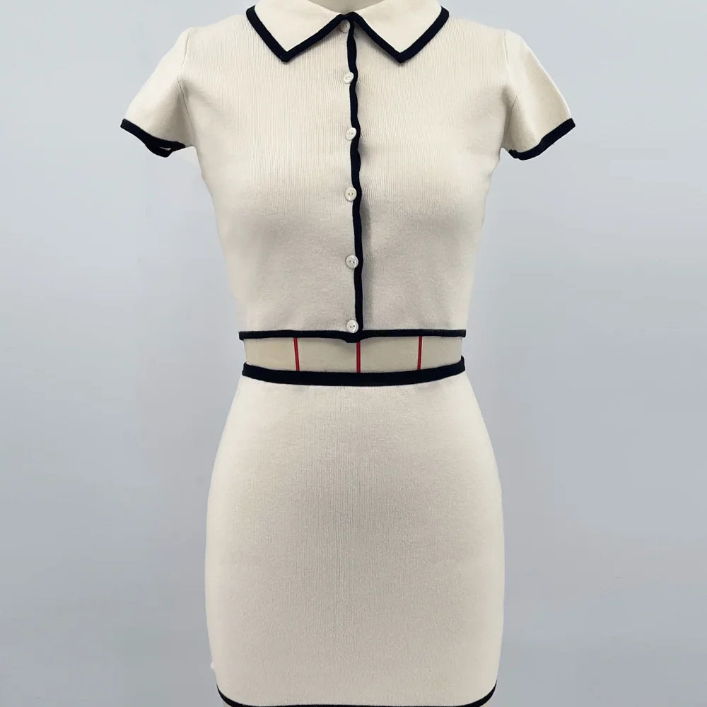 Tossy Knit Sweater 2 Piece-Set Women Lapel Cropped Short Sleeve Cardigan And Mini Skirt Sets Female Knitwear Short Skirt Outfits