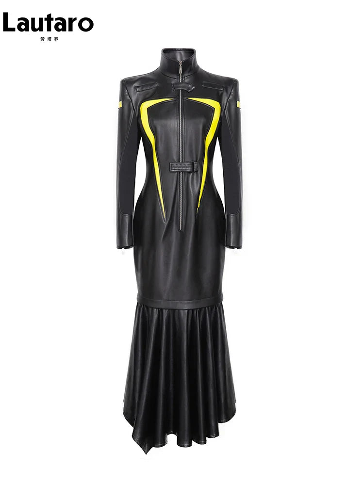 Spring Autumn Cool Red and Black Patchwork Faux Leather Maxi Dress Women with Detachable Hem Luxury Designer Clothing