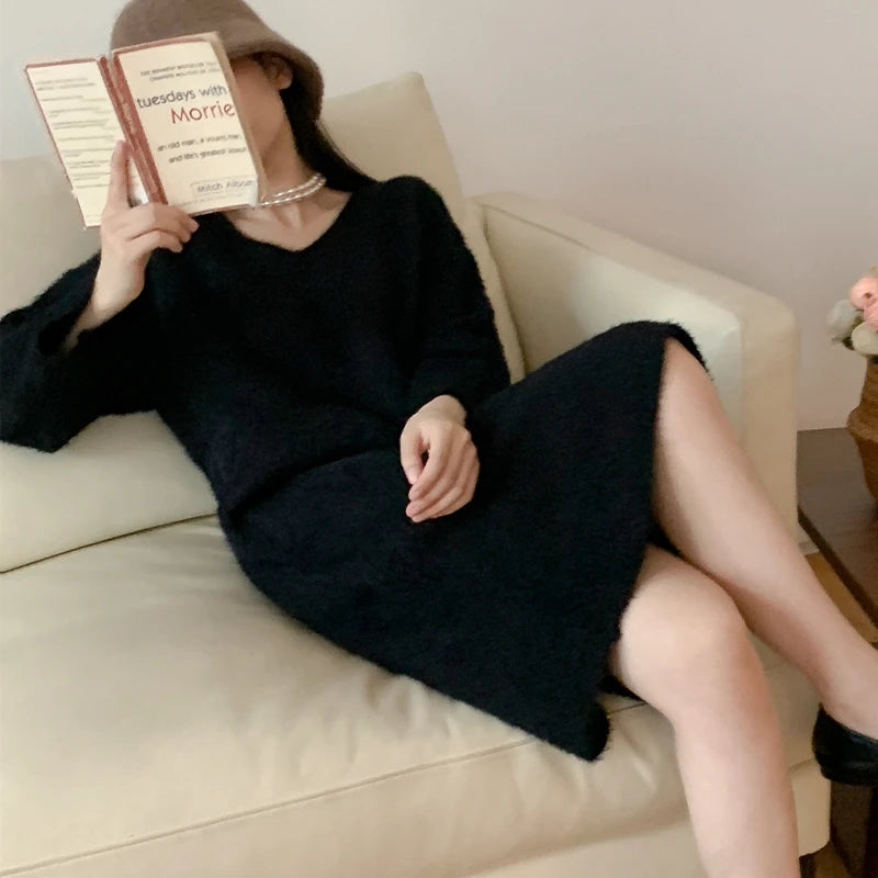 Chic Korean Fashion Knitting Fake Mink Cashmere Elegant Women's Autumn Winter Vintage Long Dresses black One Size