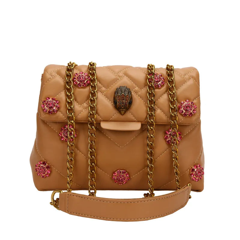 Summer Eagle Head Chain Crossbody Bags for Women UK Brand Designer Fashion Trend Handbag PU Shoulder Bag Diamond Flower Bag Khaki 23X17X7CM