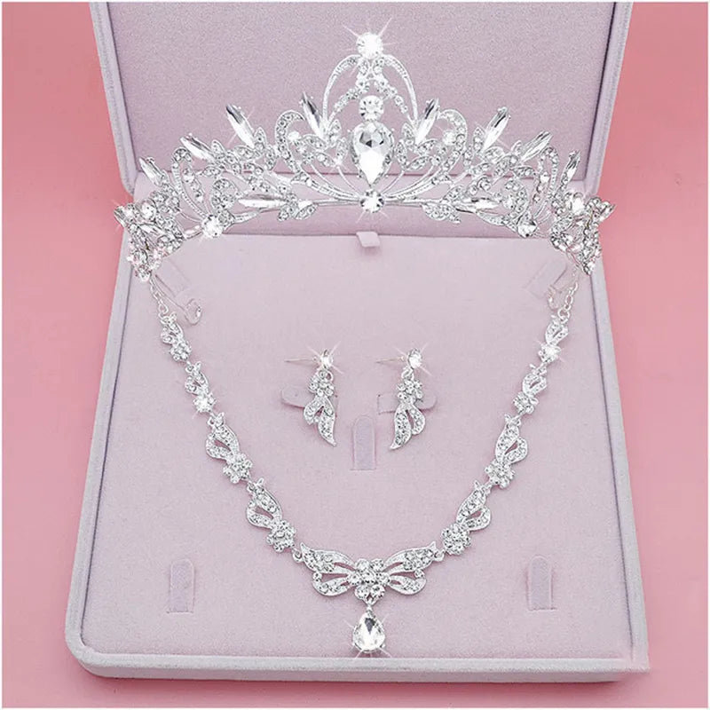 Bridal Jewelry Sets Crown Necklace Earrings Four Pack Silver Colour Women's Fashion Wedding Tiaras TS-0007-C-XL-0006-A Tiaras
