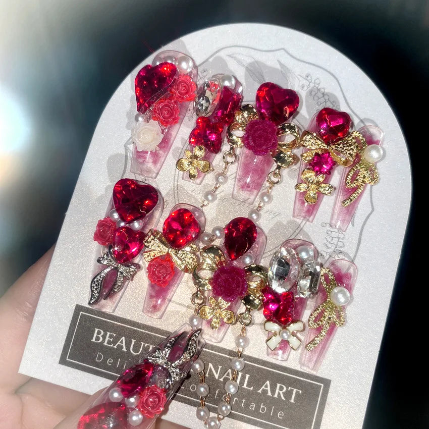 24pcs Heavy Metal Red Crystal Design False Nails 3D Gold Bow Pearl Decor Bride Fake Nail tips Full Cover Diamond Press on nails