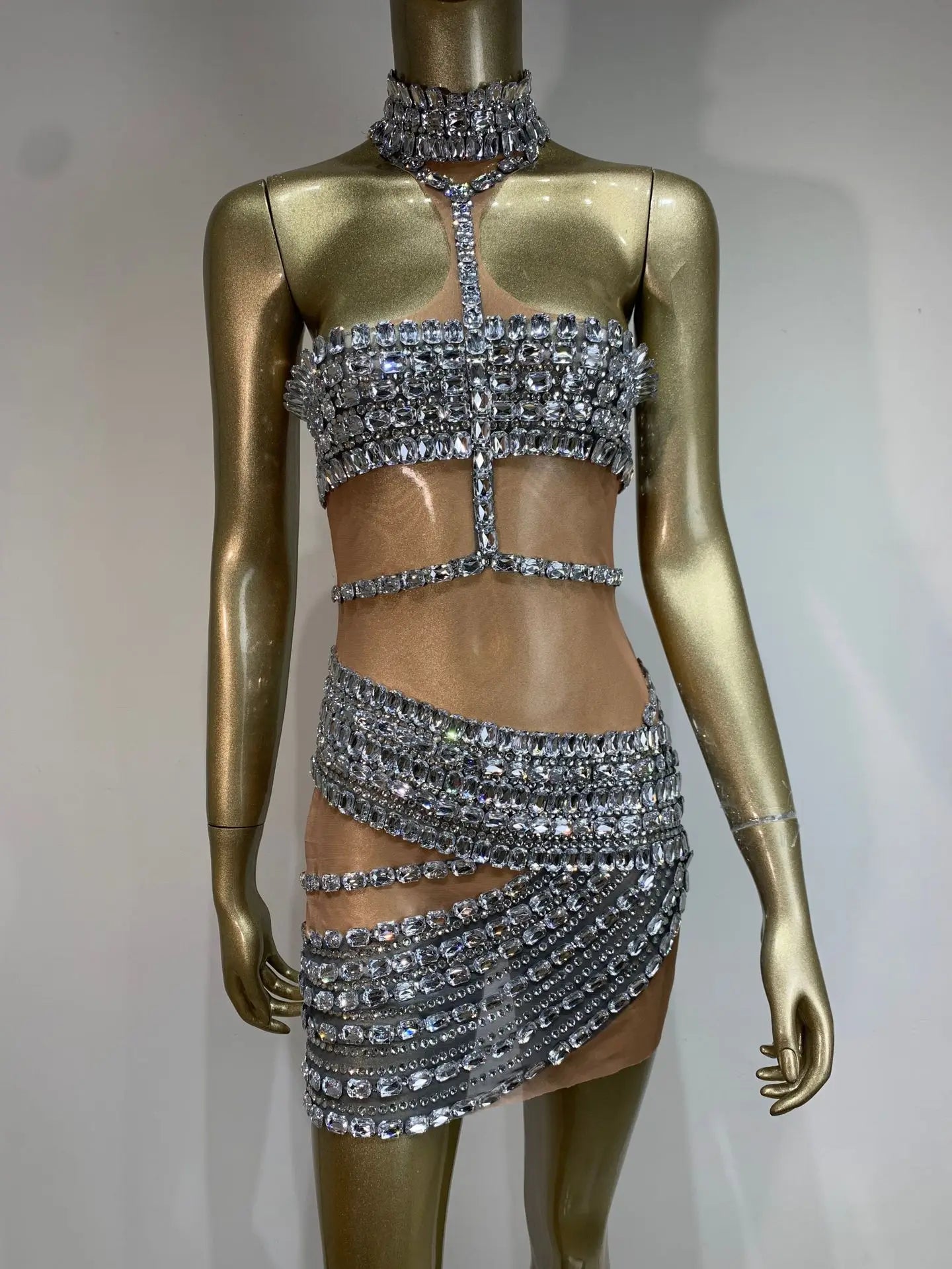 Ladies Celebrity Women Sexy Tank Crystal Diamonds Mesh Mini Dress Birthday Party Costume Bar Nightclub Stage Performance Outfit