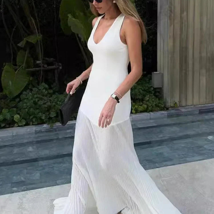 Tossy Knitted V-neck Elegant Long Dress Sexy Sleeveless Slim Stitching Folds Beach Vacation Female White Dress Knitwear Outfits White
