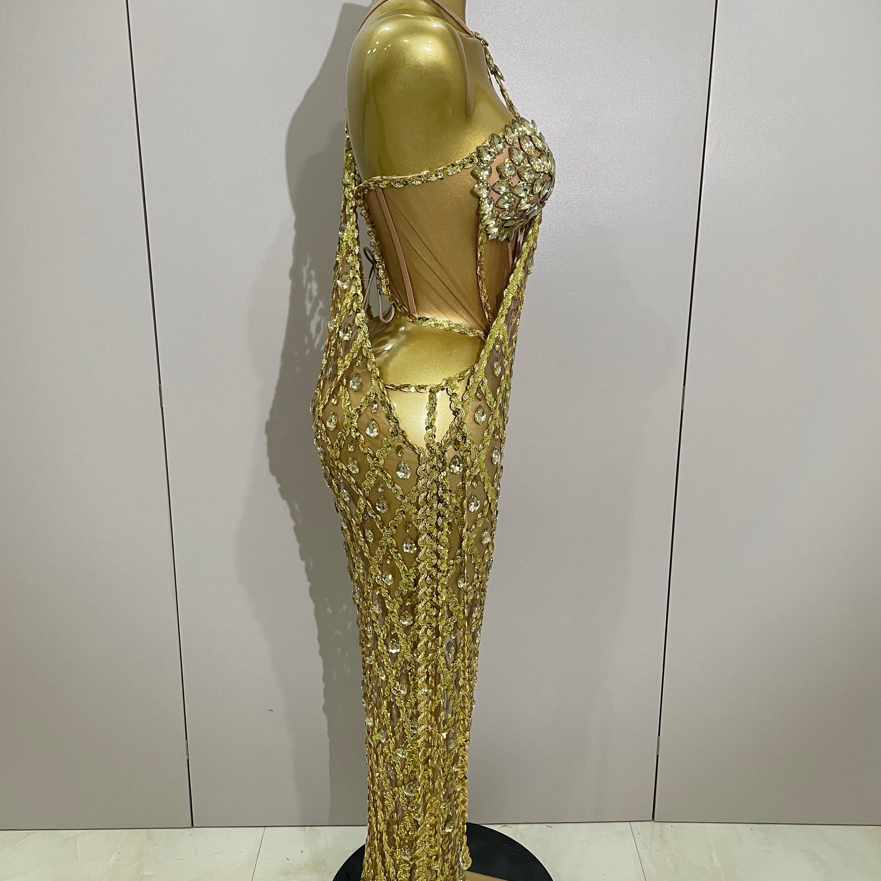 Stock Sexy Sparkly Gold Rhinestones Sleeveless Mesh Two Piece Long Dress 2025 Women Birthday Party Celebrate Prom Stage Costume