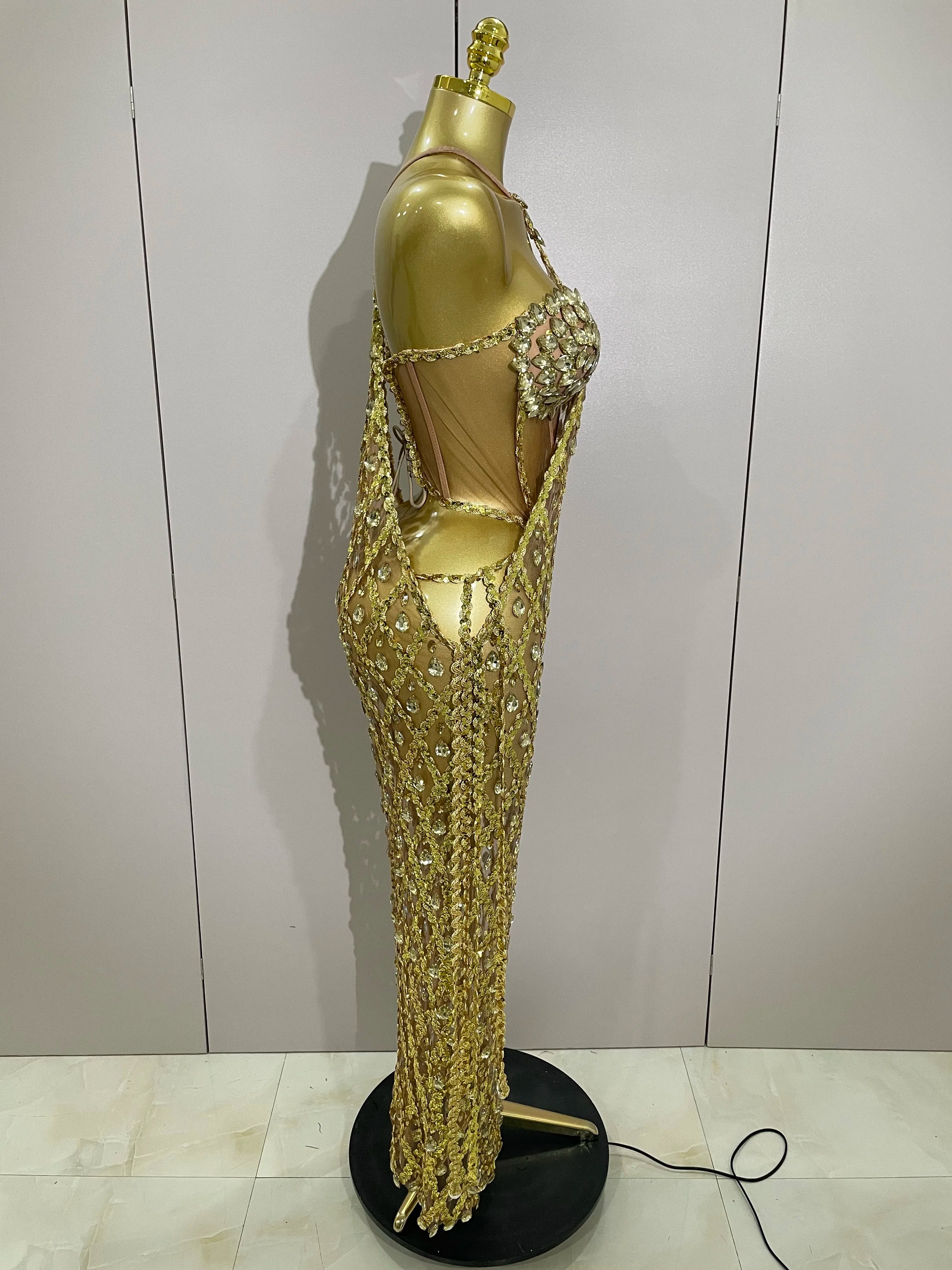 Stock Sexy Sparkly Gold Rhinestones Sleeveless Mesh Two Piece Long Dress 2025 Women Birthday Party Celebrate Prom Stage Costume