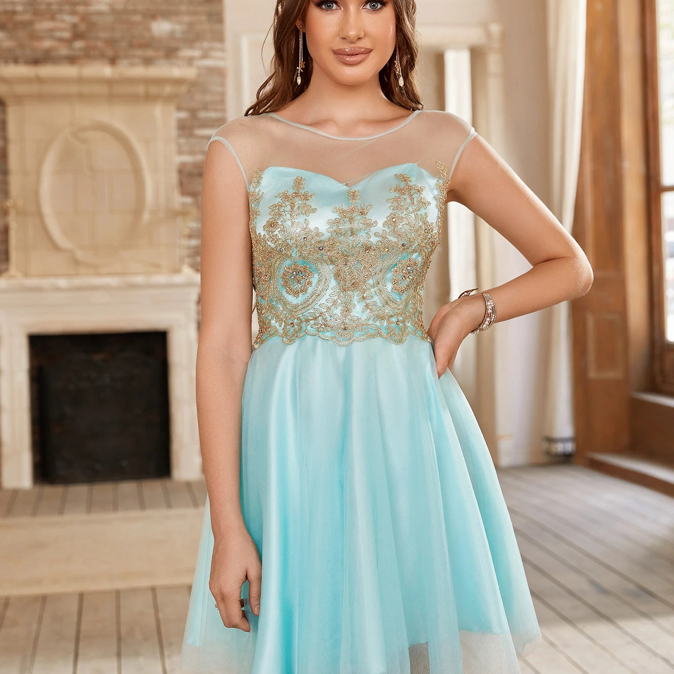 Mint Green Golde Appqulies Beads Bridesmaid Dresses for Women Wedding Party A Line Short Knee Length Sweetheart Gowns