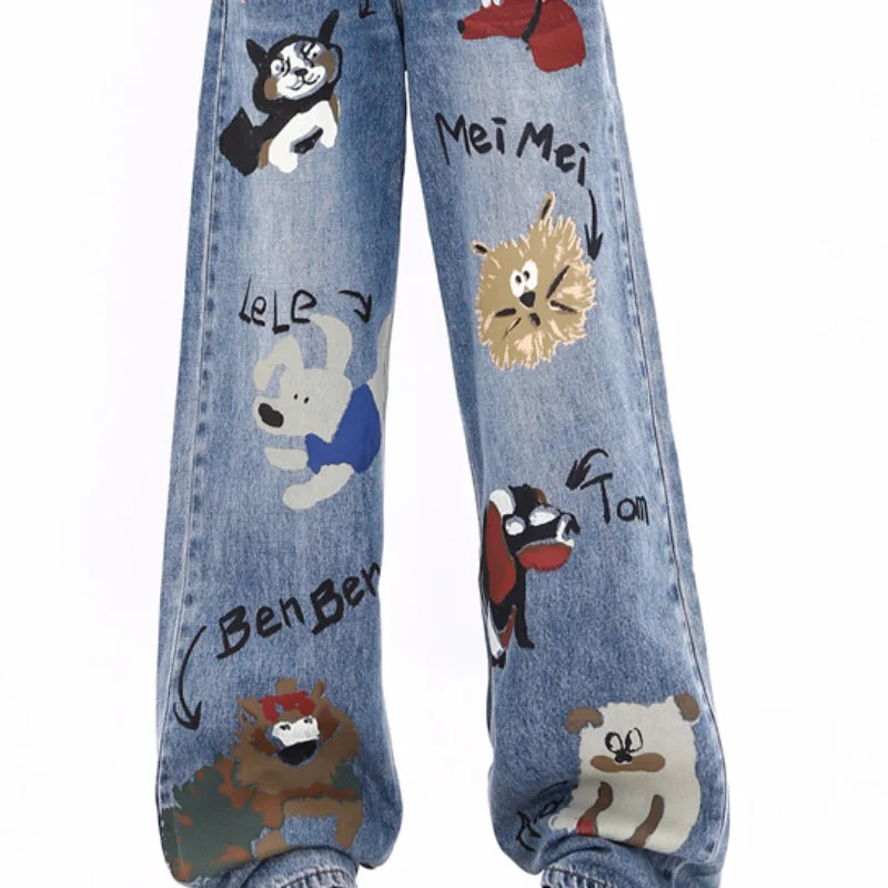 Autumn Winter New Baggy Jeans Woman American High Street Straight Tube Women's Jeans Cartoon Print Women Pants High Waist