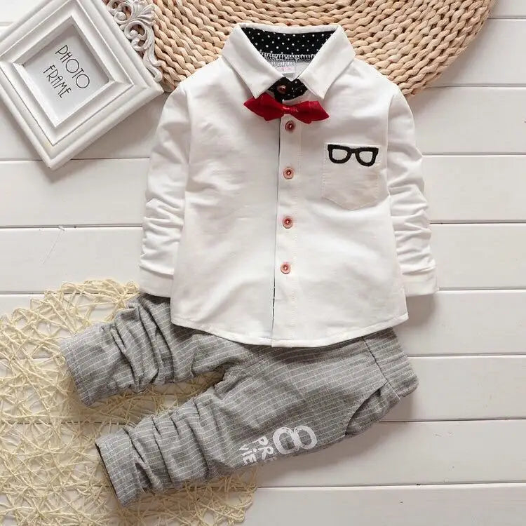 Kids Thinner Clothes Sets Spring Autumn Tracksuit Baby Boys Kid Long Sleeve Gentleman Suits Children T Shirt Pants Clothing Sets S0011-White