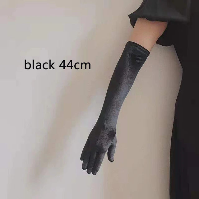53CM Women Golden Velvet Long Autumn Winter Warm Black Evening Dress Etiquette Gloves Retro Style Banquet Accessories Elasticity black 44CM One Size