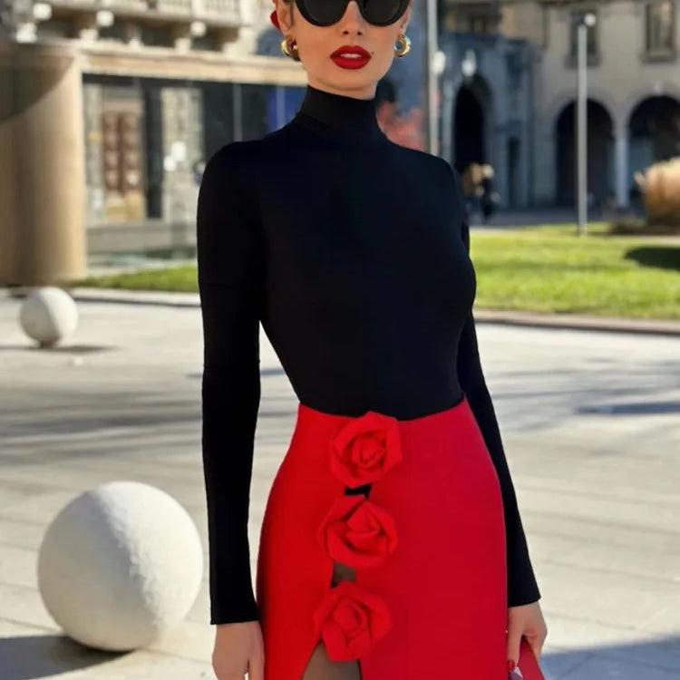 Summer Women Black Red Flower Bodycon Bandage Skirt Designer High Waist Party Office Lady Elegant Split Skirt