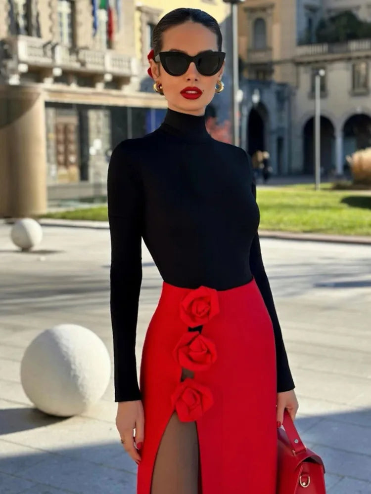 Summer Women Black Red Flower Bodycon Bandage Skirt Designer High Waist Party Office Lady Elegant Split Skirt