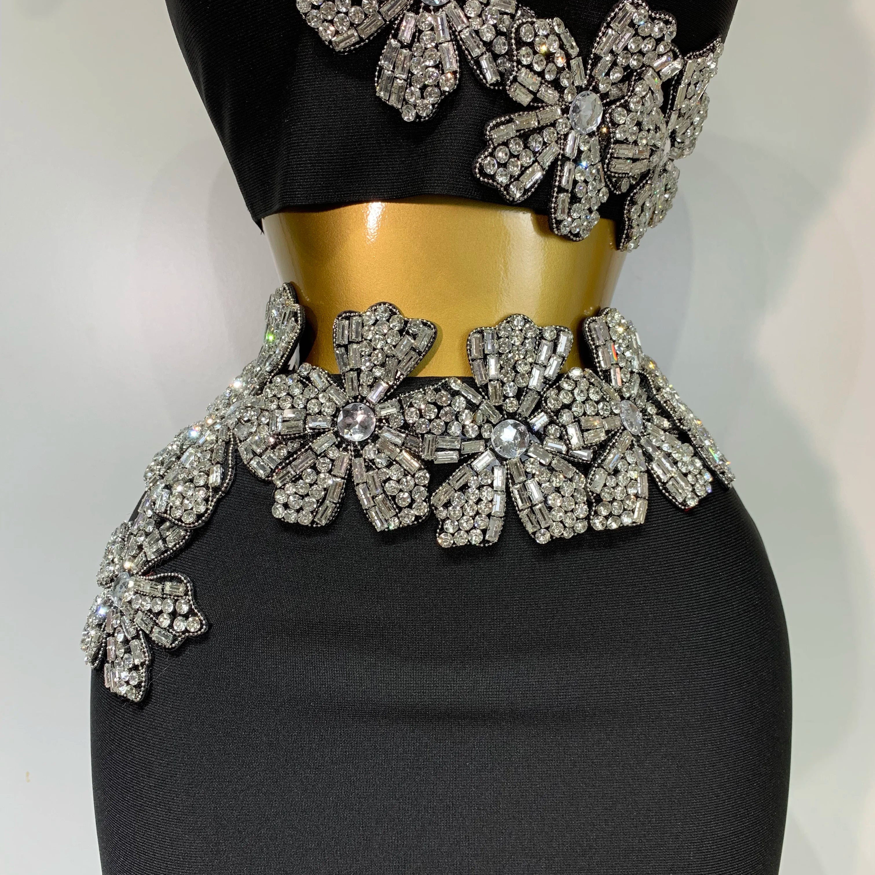 Women Sexy Strapless Flower Diamonds Black Maxi Long Bandage Two Piece Set 2025 Knitted Elegant Evening Club Party Prom Gowns