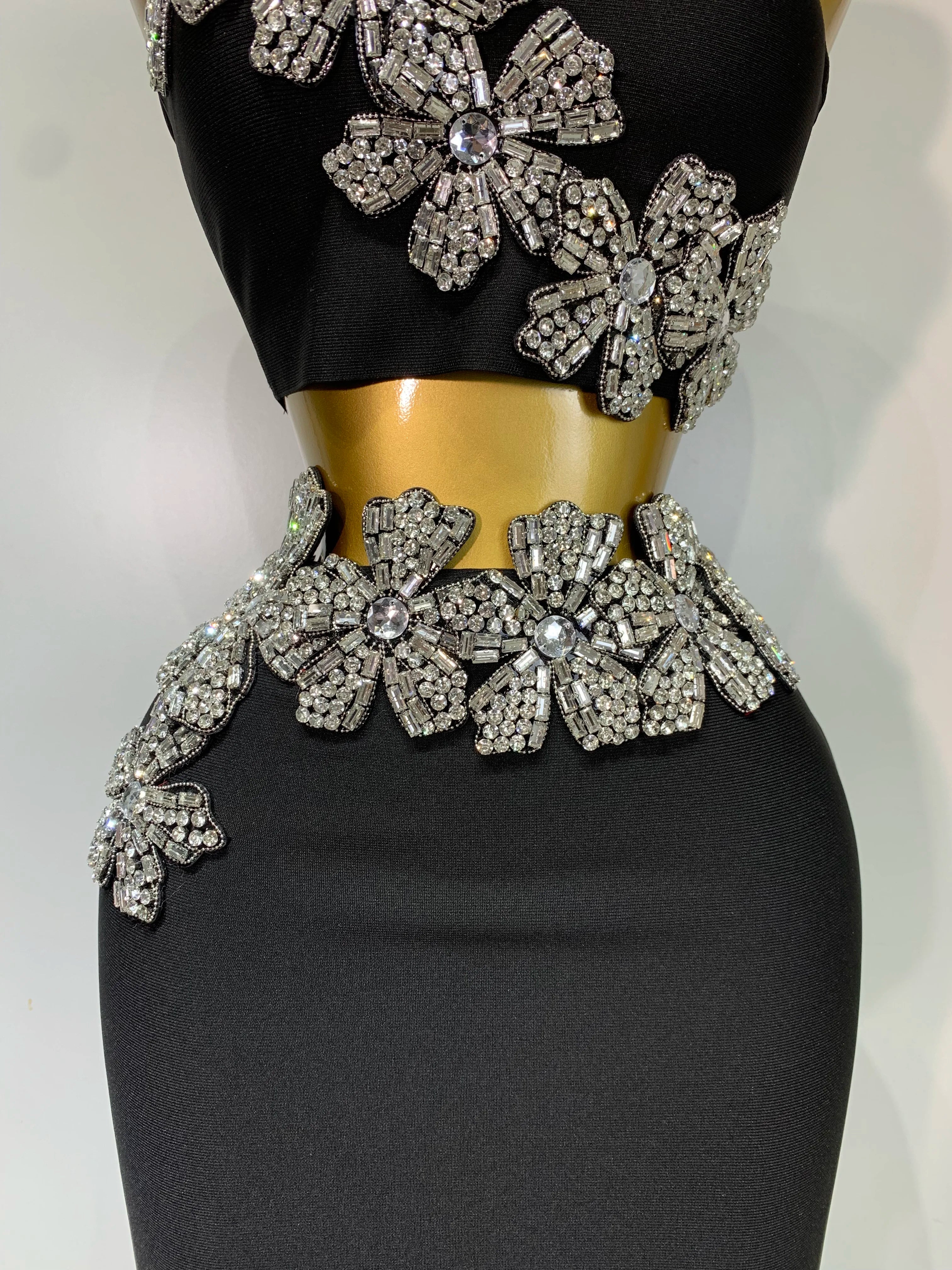 Women Sexy Strapless Flower Diamonds Black Maxi Long Bandage Two Piece Set 2025 Knitted Elegant Evening Club Party Prom Gowns