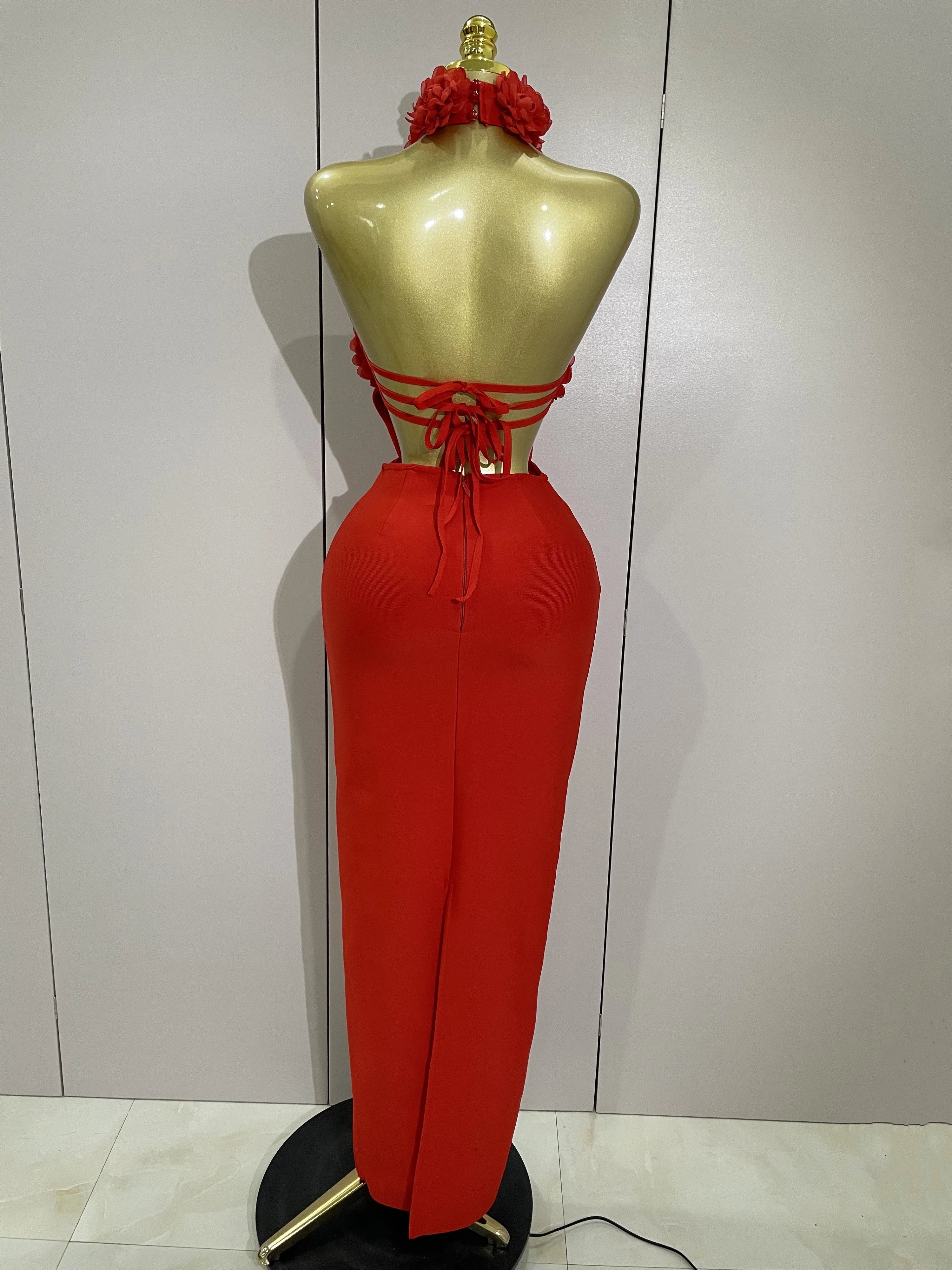 Women Celebrity Sexy Halter Backless Flower Long Bandage Bodycon Dress 2025 Luxury Birthday Dress Elegant Evening Party Outfit